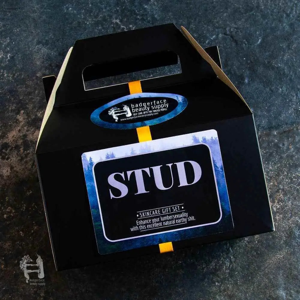 Beard Gift Set - Plasticology packaging labeled 'STUD' by Badgerface Beauty Supply, ideal for skincare and grooming in bath & body gift sets.