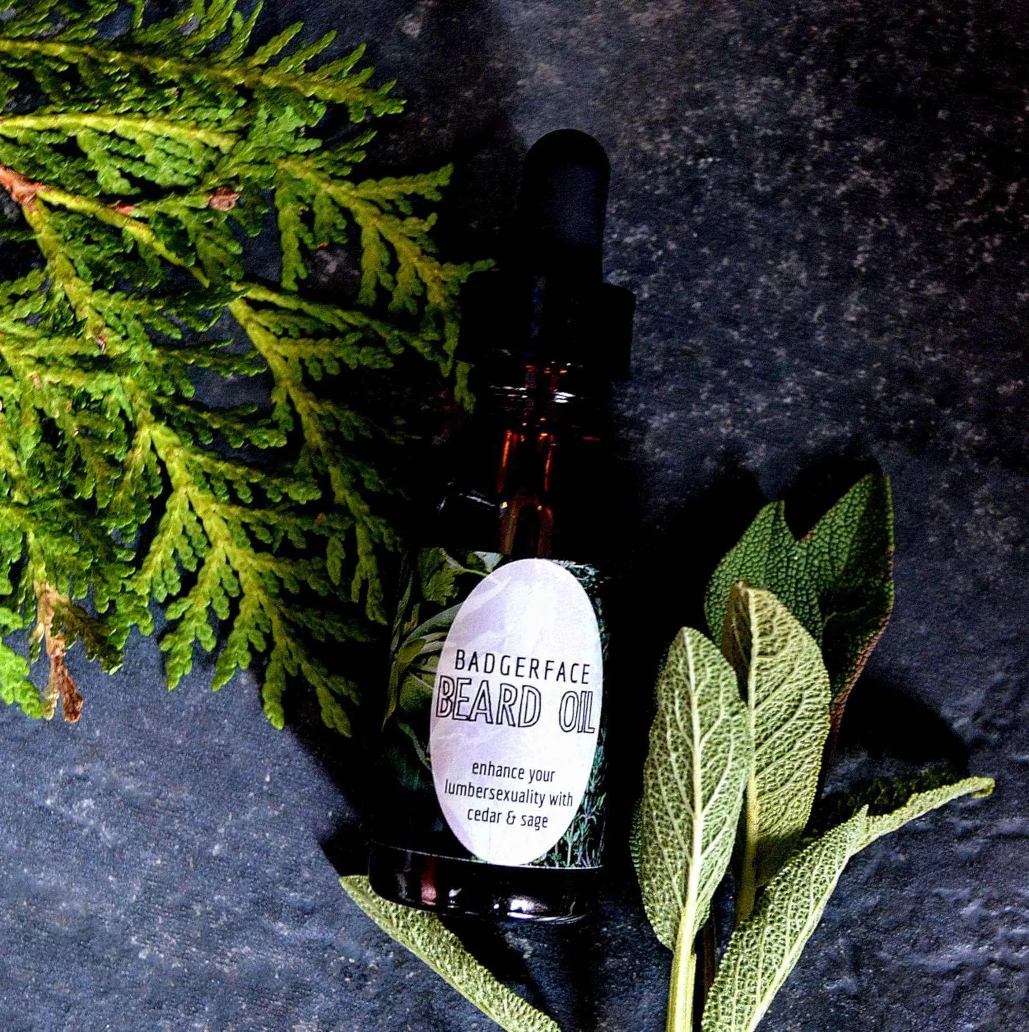 Beard Gift Set - Plasticology featuring Badgerface Beard Oil with cedar and sage, ideal for grooming and skincare in bath & body gift sets.